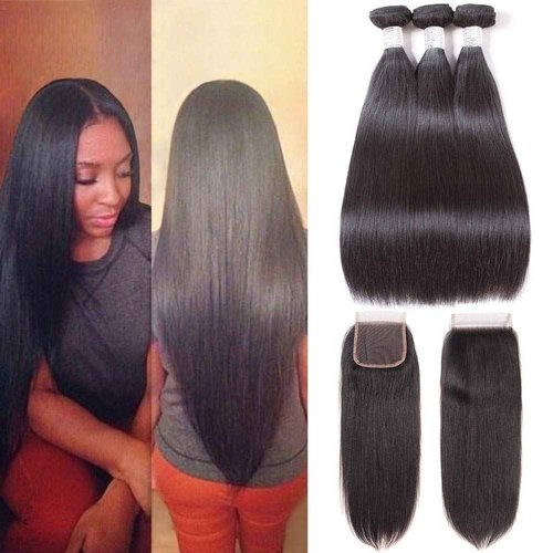 Subella Brazilian Straight Hair 3 Bundles with Closure Grade 10A Unprocessed Brazilian Virgin Human Hair Bundles with Closure Natural Black Color (18 20 22+16 Free Part)
