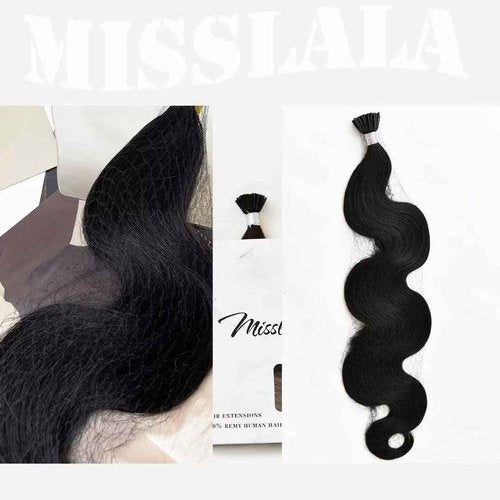 Misslala I Tip Hair Extensions Human Hair 22 Inch Fusion Wavy Hair Extensions Color #1B Off Black Keratin Bond Hair Extensions Wavy Human Hair Black Hair Extensions 50S/40G 0.8g/s