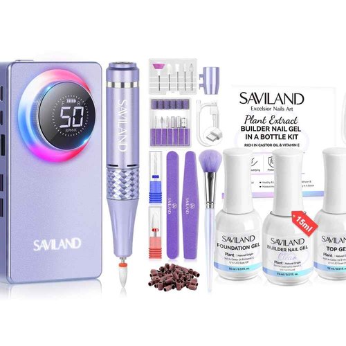 SAVILAND 50000RPM Nail Drill with Clear Builder Nail Gel Kit: 2024 High Tech Fast Removal Electric Nails Drill Kit 6000mAh Rechargeable Professional Drill Bit Nail File Buffer Tools Salon