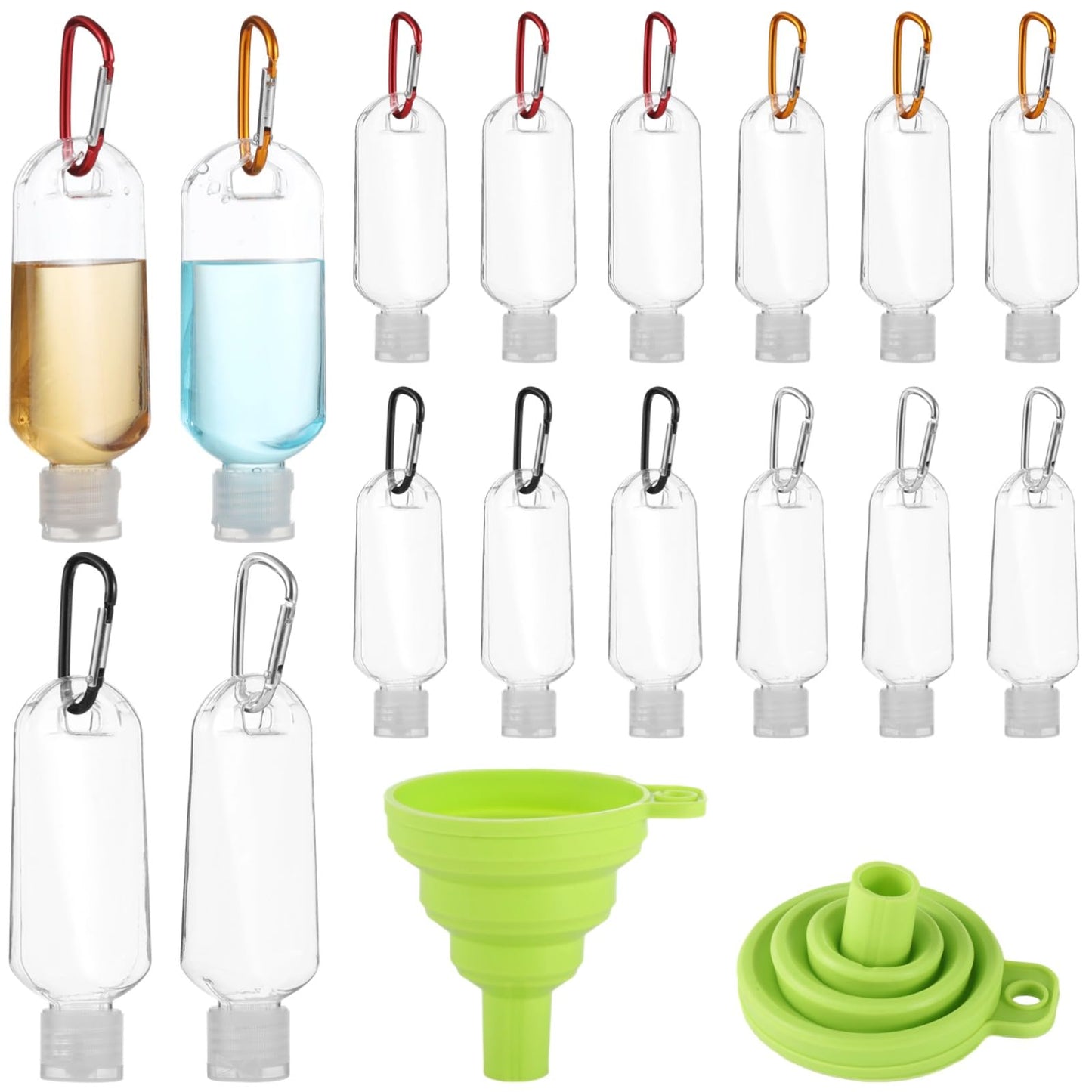 100 PCS Keychain Empty Hand Sanitizer Bottles - 1.7 oz Portable Keychain Travel Bottles, Empty Squeeze Plastic Bottle with Flip Cap, Refillable Containers with 2 Foldable Funnels for Shower Gel Lotion