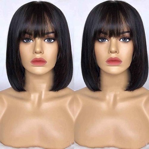newnavat 12 Inch Glueless Wear and Go Wig Bob Wig With Bangs Human Hair HD Lace Glueless Wigs Natural Black Bob Wigs With Bangs Brazilian Virgin Human Hair 180 Density