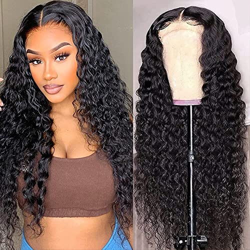 180 Density 13x4 HD Lace Front Wigs Human Hair Pre Plucked with Baby Hair Transparent Glueless Brazilian Deep Wave Frontal Wigs for Women Natural Black Color