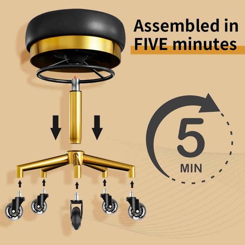 Gold Heavy Duty Rolling Stool - Weight Capacity 400lbs, Designed Metal Outer Ring Protect Leather, Padded Comfort Cushion, 360° Adjustable Stools, Rolling Stools with Wheels for Salon, Massage, Tattoo