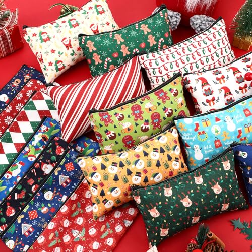 Meanplan 24 Pcs Christmas Cosmetic Bags Christmas Canvas Travel Makeup Bags Snowman Snowflake Santa Cosmetic Organizer with Zipper for Women Girl Xmas Party Gifts Supplies
