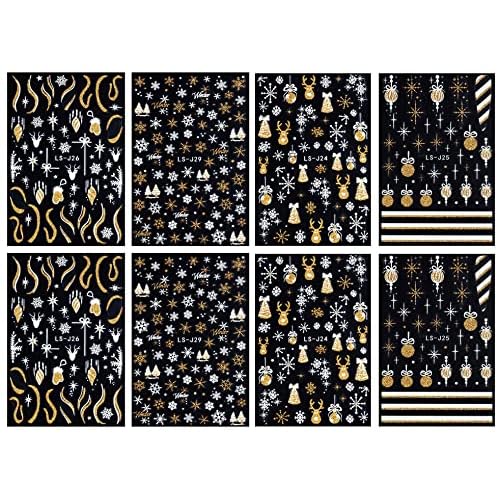 8 Sheets Glitter Christmas Nail Art Stickers Decals Self-Adhesive Holiday Gold Snowman Snowflake Winter Nail Supplies Nail Art Design Decoration Accessories