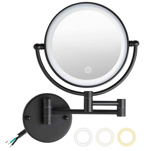 8" Wall Mounted Lighted Makeup Vanity Mirror with 3 Color Lights Stepless Dimming, 1X/10X Magnifying LED 2-Sided Bathroom Touch Sensor Extendable Arm 360 Swivel Shaving Mirror Hardwired, Matte Black