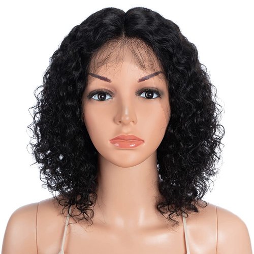 Style Icon Human Hair Wigs Short Curly Wigs Fluffy Afro Wigs T-Part Deep Wave Pre Plucked HD Lace Front Black Wigs (12", 1B)