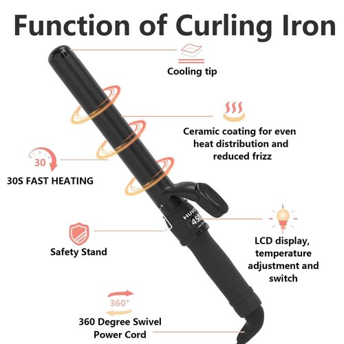 Huvcy 1-1/4 Inch Curling Iron - Ceramic Curling Iron, Fast Heat Function LCD Display 180°F-450°F Adjustable, Long Lasting Beach Waves, Dual Voltage Curler, Heat Resistant, Black