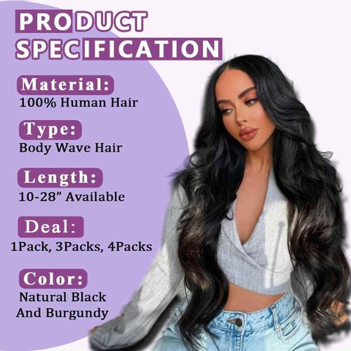 Body Wave Bundles Human Hair With 2X6 Closure (16 18 20+14 Inch) Natural Black 12A Brazilian Human Hair Bundles With Hd Lace Closure