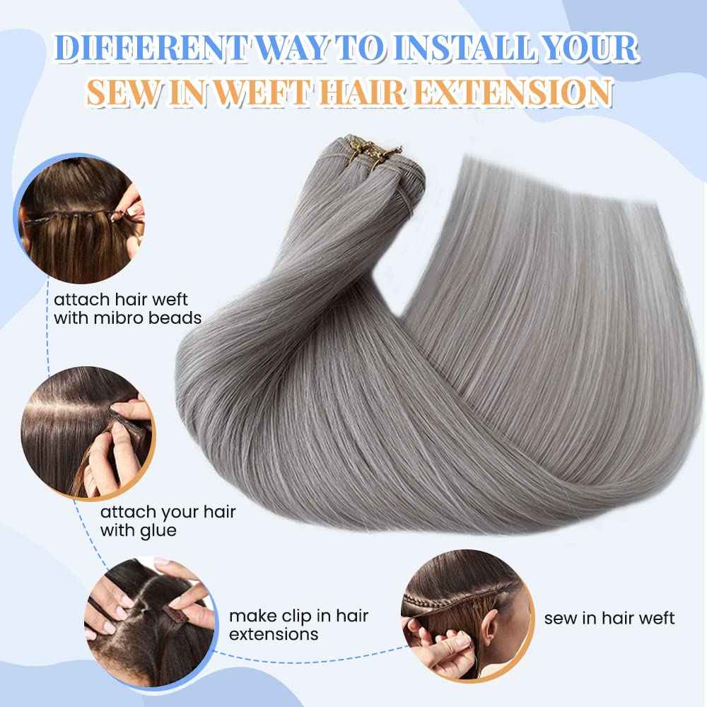 24Inch Silver Grey Human Hair Bundles 120Gram 100% Brazilian Silky Straight Sew in Extensions Double Weft Grey Human Hair Bundles for Women Hand Tied Weft Hair Extensions Silver Sew in Hair Bundles