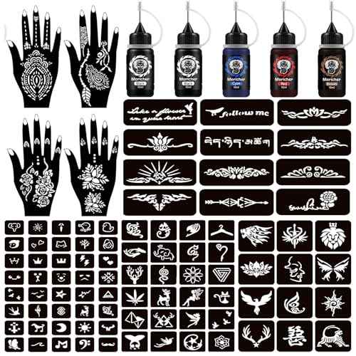 Moricher Henna tattoo kit Temporary Tattoo Kits 5 cones 96 Stencils Gifts for DIY Art Party