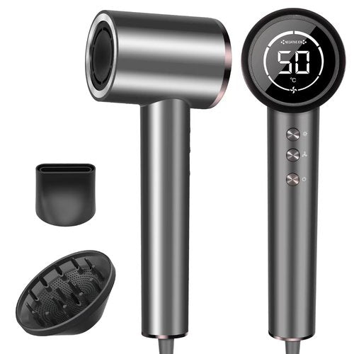 Hair Dryer with Diffuser, 150000RPM Professional High-Speed Negative Ionic Care Blow Dryer, Heat-Control, Fast Drying, Low Noise with Magnetic Diffuser and Nozzle for Women & Men, HD Display (Gray B)