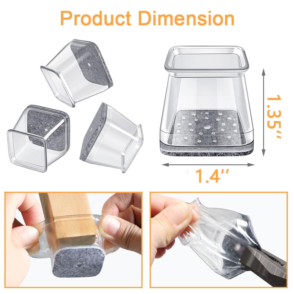 32 Pcs Square Chair Leg Protectors for Hardwood Floors,Felt Furniture Floor Protectors with Silicone Caps, Large Size (Fits Chair Legs with Side Length: 1-1/16'' to 1-5/8''")