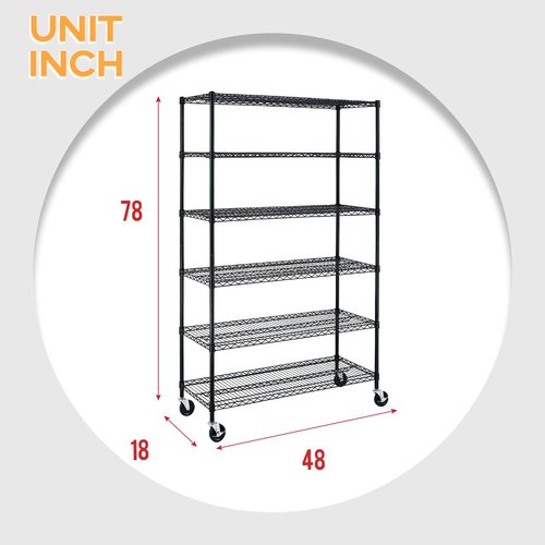 BestOffice | 6-Tier Wire Storage Shelves with Wheels | 18x48x77 | Black | Adjustable Racks | Heavy-Duty Metal Shelf, Holds Upto 600 lbs | No-Tool Assembly | Ideal for Home & Garage Shelving