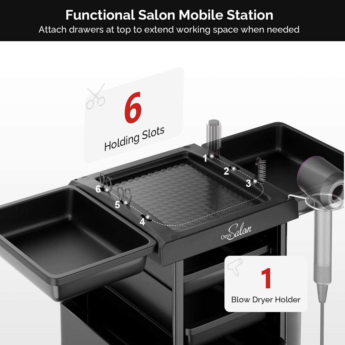 OmySalon Salon Trolley with 6 Drawers & Dryer Holder, Rolling Hair Cart Organizer, Mobile Storage Station Hairstylist Cart with Wheels for Beauty Tattoo Hairdressing