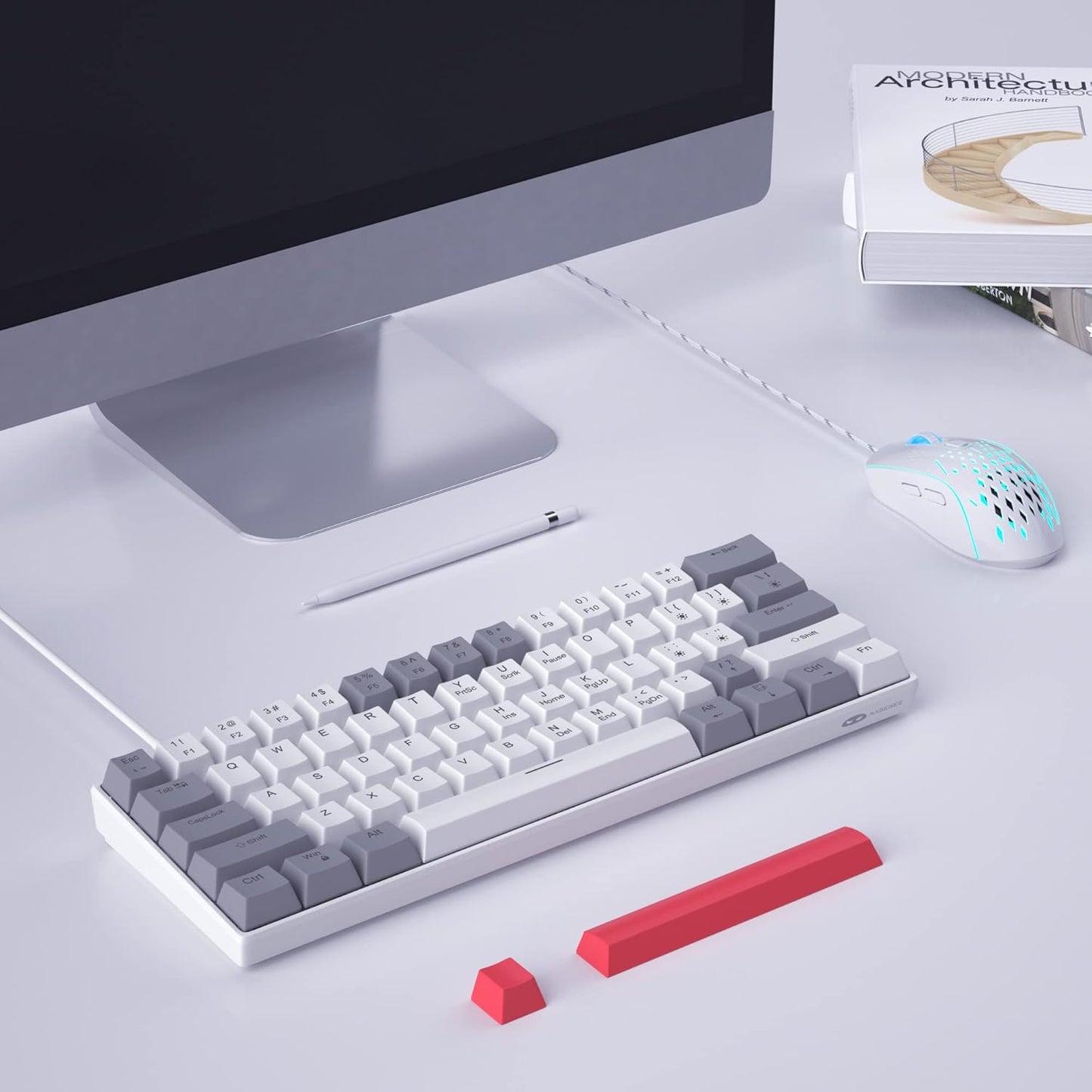 60% Mechanical Gaming Keyboard, White Gaming Keyboard with Red Switches, Detachable Type-C Cable Mini Keyboard with Blue LED Light for/PC/Laptop