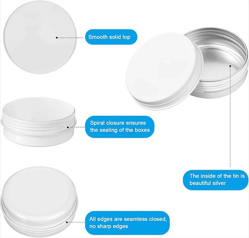 Patelai 2 oz 120 Pcs Metal Round Tins Aluminum Tin Cans Salve Tins Containers with Screw Lid 20 Sheets Stickers for Christmas Salve Spice Candies Balms Candles(White)