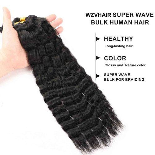 WZVHAIR Super Wave Bulk Human Hair For Braiding No Weft 100g (1Pack-4PCS) Wet and Wavy Human Braiding Hair 100% Virgin Human Hair Super French Human Bulk Hair For Boho Braids (Super Bulk 20 Inch)