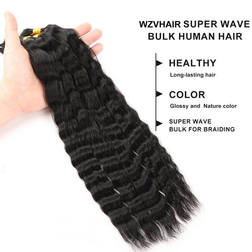WZVHAIR Super Wave Bulk Human Hair For Braiding No Weft 100g (1Pack-4PCS) Wet and Wavy Human Braiding Hair 100% Virgin Human Hair Super French Human Bulk Hair For Boho Braids (Super Bulk 22 Inch)