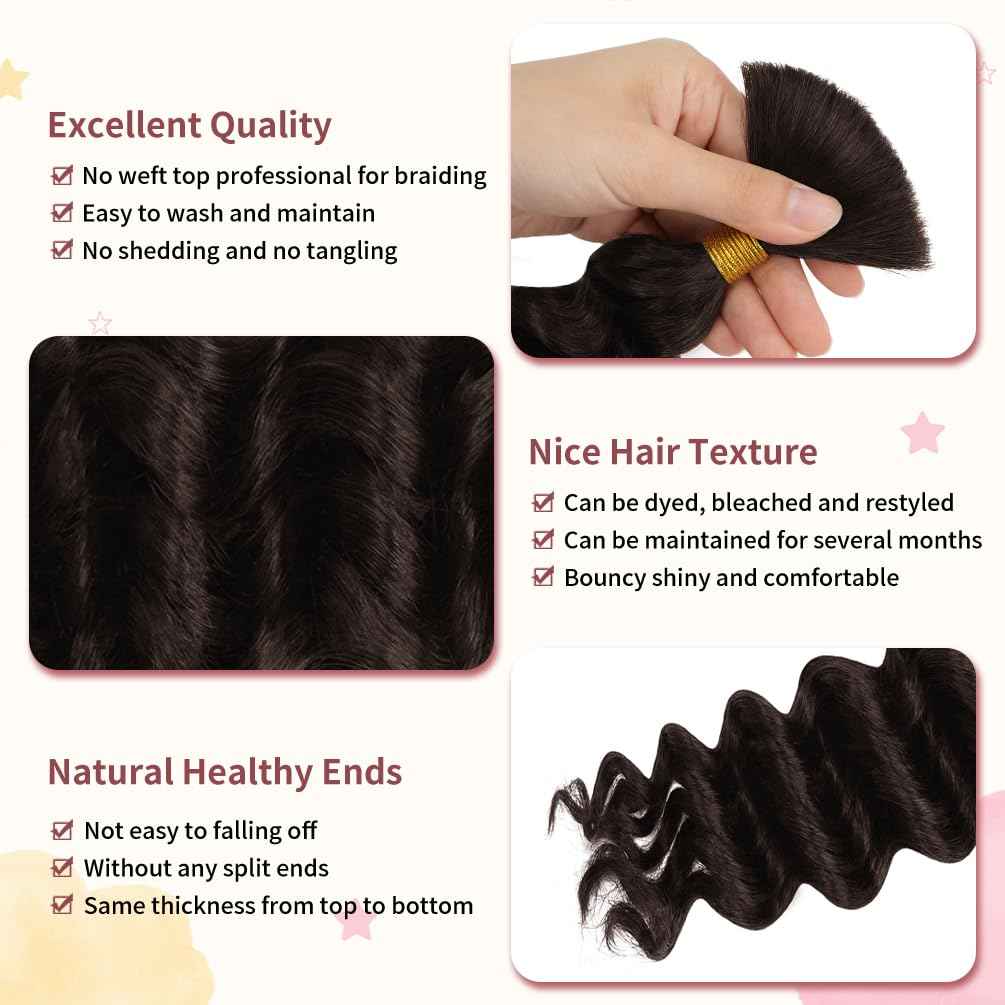 2 Bundle Human Braiding Hair for Boho Braids, 20Inch 100G #2 10A Brazilian Virgin Deep Wave Bulk Human Hair for Braiding, Wet And Wavy No Weft Curly Braiding Hair for Boho Knotless Braids