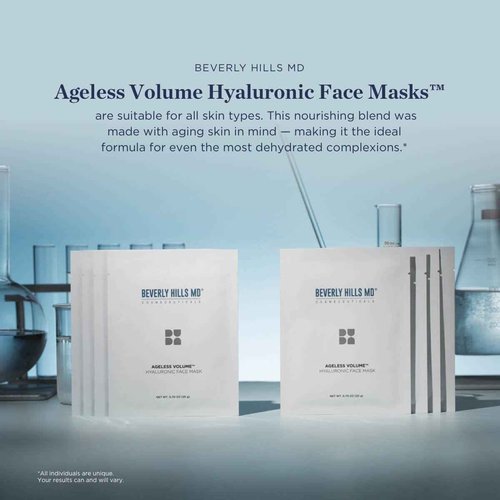 Beverly Hills MD Ageless Volume Hyaluronic Face Mask- Reduce Appearance of Wrinkles, Anti Aging Formula for Plump, Moisturized Skin- 8 Pack- Hydrating & Firming Gentle Sheet Mask