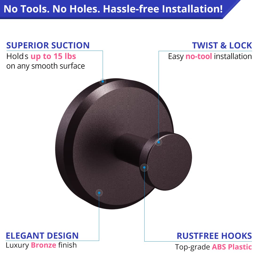 HOME SO Suction Cup Hooks for Shower, Bathroom, Kitchen, Glass Door, Mirror, Tile – Loofah, Towel, Coat, Bath Robe Hook Holder for Hanging up to 15 lbs – Waterproof & Rustproof, Dark Bronze (2-Pack)