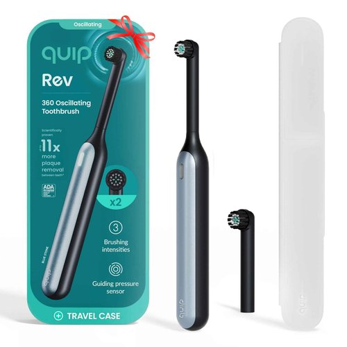 Quip Rev 360 Oscillating Rechargeable Electric Toothbrush with Replaceable Brush Head - Soft Bristles, Pressure Sensor, 3 Intensities, 30-Day Battery Life, Travel Case - Blue Stone