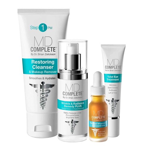 MD Complete Bundle of Wrinkle Radiance Remedy PLUS with Retinol Vitamin C + Total Eye Treatment + 2-in-1 Restoring Cleanser and Makeup Remover 3.0 fl oz | Anti-Aging Skin Rejuvenation Treatment