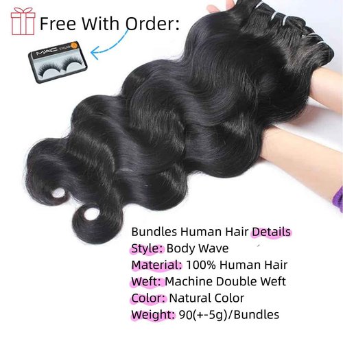 Edwad Human Hair Bundles 22-26 Inch Body Wave Bundles, 100% Unprocessed Brazilian Virgin Hair, 3 Bundles, Black, Wavy