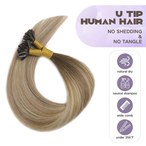 Sindra Keratin Nail Extension Tips Real Human Hair Balayage Darker Brown to Highlighted Blonde 18inch 50 Strand 50G Prebonded Fusion U Tip Hair Extensions Human Hair（Utip#3/8/22-18inch）