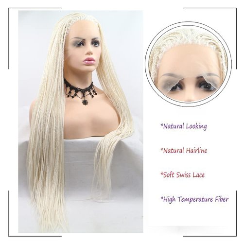 Angle Lucky Platinum Blonde Braided Lace Front Wig Long Synthetic White Micro Braid Lace Wig Heat Resistant Fiber Afro Braids for Women Party Drag Queen