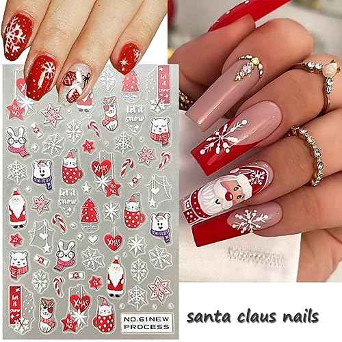 6Sheets Christmas Nail Stickers for Nail Art, 3D Snowflake Nail Decals Cute Cartoon Elk Santa Claus Snowman Penguin Deer Snowflakes Nail Art Stickers for Xmas Winter Decal New Year Manicure Decor