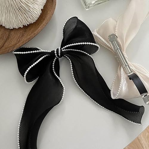 Black Hair Bow for Women Girls Long Ribbon Bowknot Spring Hair Clips for Thick Curly Hair French Big Organza Bow Ponytail Holder Nonslip Pearl Hair Barrette Snap Hairpins Sweet Hair Accessories