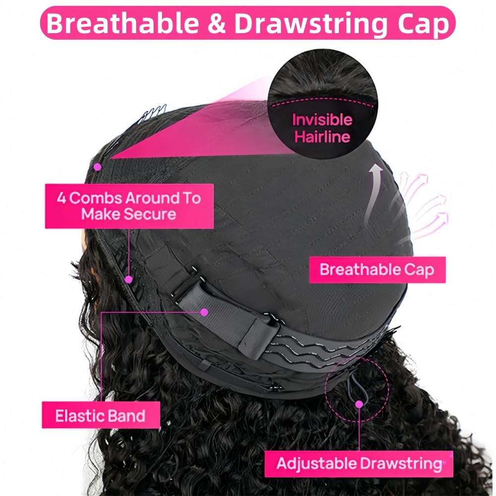 Jilnor Half Wig 200 Density Kinky Curly Half Wig Human Hair Glueless Wear Go Curly Wig Beginner Friendly Seamless Flip Over Wig with Drawstring 3 In 1 Headband Wig for Women 16 Inch