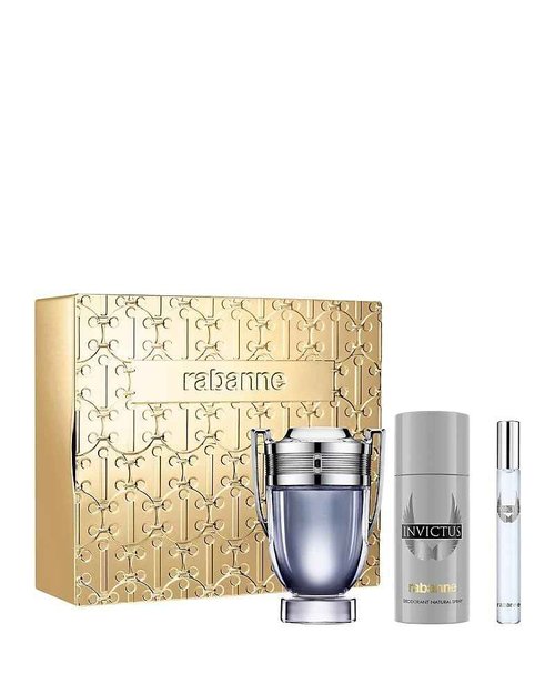 Rabanne Paco Invictus 3-Piece Gift Set for Men, (3.4 Oz Eau De Toilette Spray + 5.0 Oz Deodorant Spray + 0.33 Oz Travel Spray)