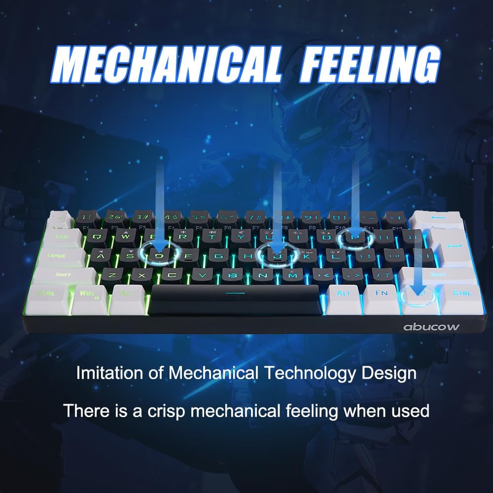 abucow Gaming Keyboard Minimalist Portable Wired Ultra-Compact Mini Imitation 61 Keys RGB Backlit Keyboard (Black-White)