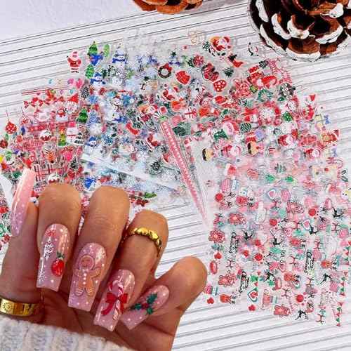 30Pcs/Set Glitter Christmas Nail Sticker 3D Self- Adhesive Nail Decals with Cute Penguin Deer Snowman Snowflake Elk Santa Claus Design Xmas Nail Art Stickers for Women Winter Holiday Nail Decorations