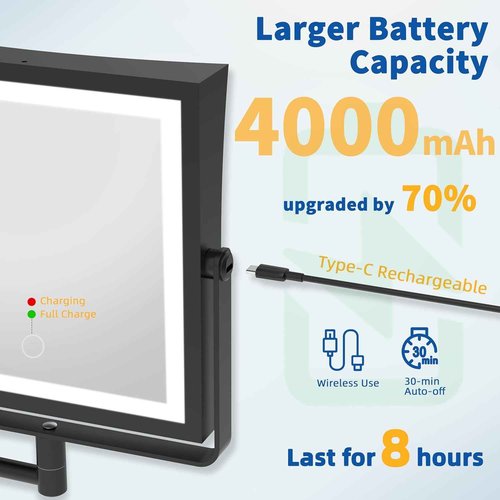 Ruacq Rechargeable Wall Mounted Makeup Mirror with Lights, Double Sided 1X/10X Magnifying Vanity Mirror with 3 Color Lighting, Touch Screen Dimmable, 360° Rotation Extension Foldable Arm(Matte Black)