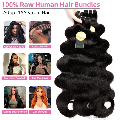 Perismoda Body Wave Human Hair Bundles 15A Raw Human Hair Bundles 100% Unprocessed Brazilian Virgin Human Hair Extensions 26 Inch 1 Bundle Quick Weave Hair Extensions Natural Color