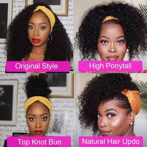 Rebasar Curly Headband Wig 24 Inch Deep Wave Human Hair Wigs for Black Women Glueless No Lace Front Wigs Human Hair Headband Wig Wear and Go Brazilian Virgin Hair Black Curly Wig