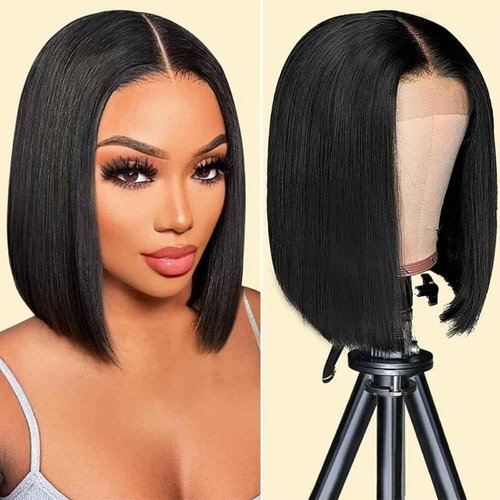 Urbansister 13x6 Bob Lace Front Wigs Human Hair 200% Density 14 Inch Short Bob Wigs Hd Transparent Straight Lace Frontal Wig Pre Plucked with Baby Hair Glueless Bob Wigs for Women Natural Black