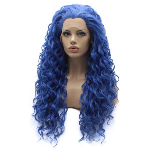 Lushy Long Curly Light Blue Wig Half Hand Tied Heat Friendly Heavy Density Synthetic Lace Front Realistic Wigs