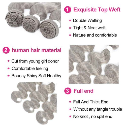 Brazilian Body Wave Human Hair Bundles with Closure (10 12 14+8Closure) Grey Human Hair 3 Bundles with Free Part Closure 100% Remy Human Hair Bundles with 4x4 Closure