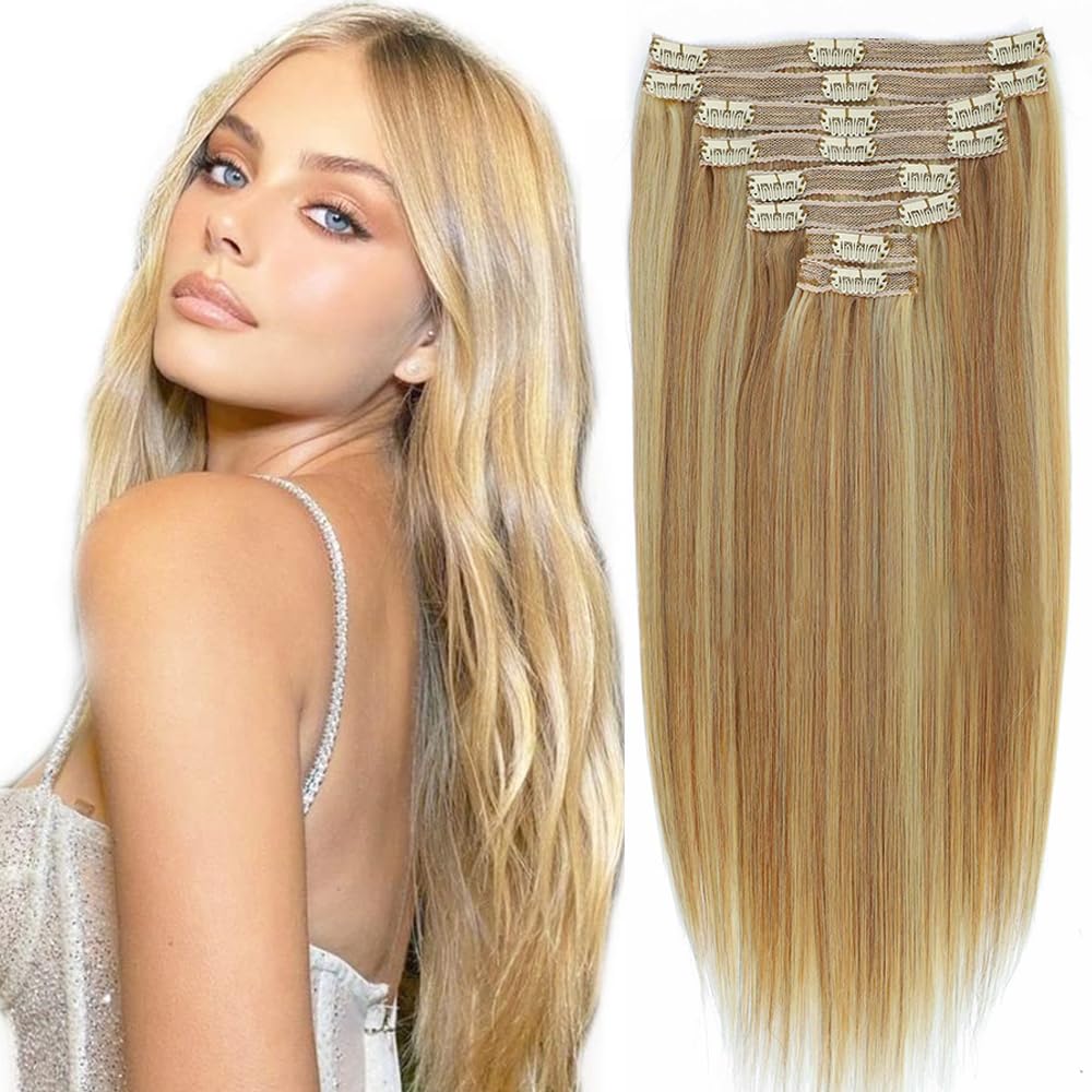 Human Hair Clip in Extensions Dark Blonde Highlighted Bleach Blond Full Head Silky Straight Clip in Natural Remy Human Hair Extensions 120g 8pcs (16 inch, #18/613)