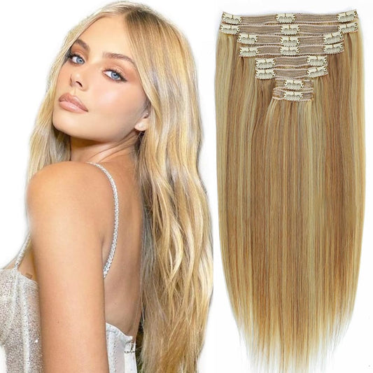Human Hair Clip in Extensions Dark Blonde Highlighted Bleach Blond Full Head Silky Straight Clip in Natural Remy Human Hair Extensions 120g 8pcs (16 inch, #18/613)