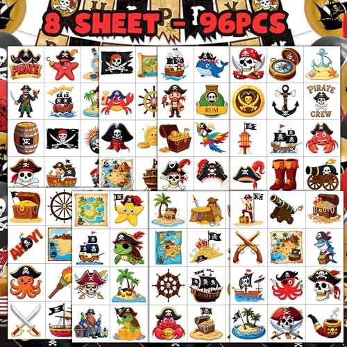 96 PCS Pirate Pre-Cut Temporary Tattoos for Kids, Pirate Ship Nautical Themed Tattoos for Birthday Party Decorations Favors Cute Mermaid Treasure Tattoo Stickers for Kids Boys Girls Party Bag Filler