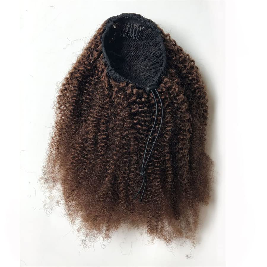 GREEMEO Afro Puffy Human Hair Ponytail Extensions Drawstring 100% Real Remy Hair Afro Kinkys Curly Bun Extension With Two Combs #4 Medium Brown 10 Inches