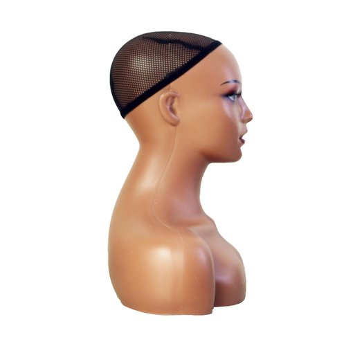 KimRuima Realistic Mannequin Head with Shoulders Wig Head Wig Stand for Wigs Hats Scarves Pendants Sunglasses Earrings (Dark Brown with Red Lip and Visible Teeth)