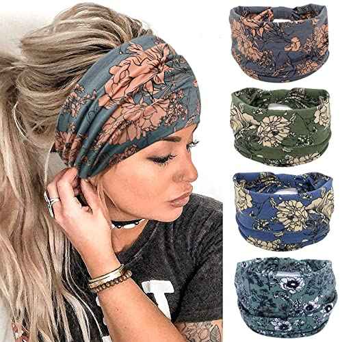 Wide Boho Headbands for Women Fashion Knotted Headband Yoga Workout Hair Accessories African Head Wrap 4 Pack