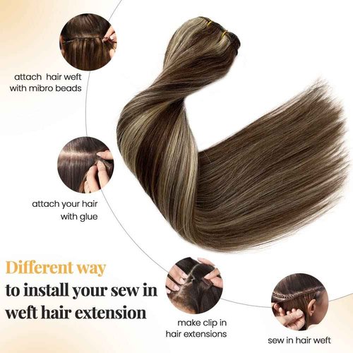 Blonde Highlights Sew in Human Hair Extensions Full Head Weft Extensions 22 Inch 120gram Thick End Sew in Weft Hair Silky Straight Brown with Blonde Highlight Remy Hair Balayage Bundles for Women